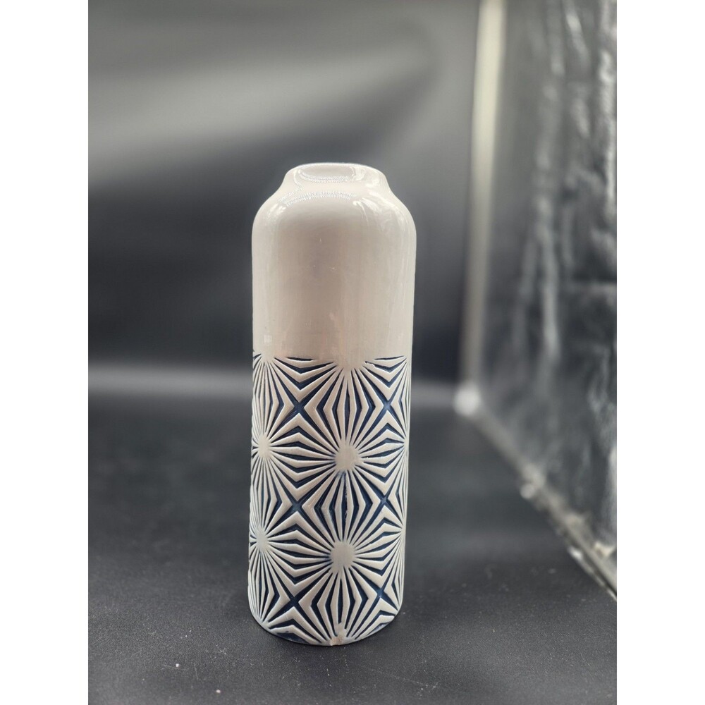 Blue White Contemporary Geometric Pattern Contemporary Vase 12 Inches Tall